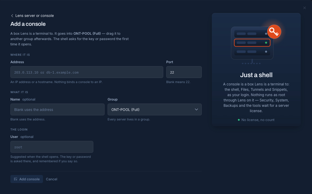Add a console: an address, a port, a name, a group, and the login the shell should suggest