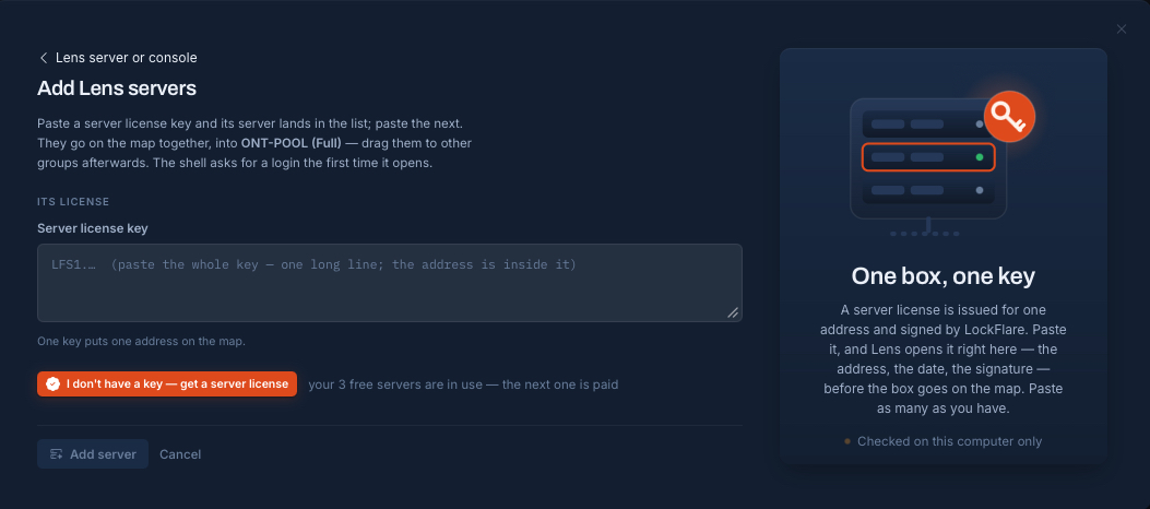 Add Vigia servers: paste a server license key and the server lands in the list; the address is inside the key
