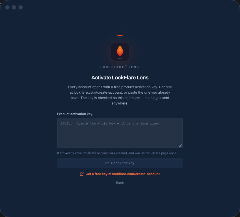 The Vigia door: Activate LockFlare Vigia — paste the product activation key from create-account; it is checked on this computer and nothing is sent anywhere